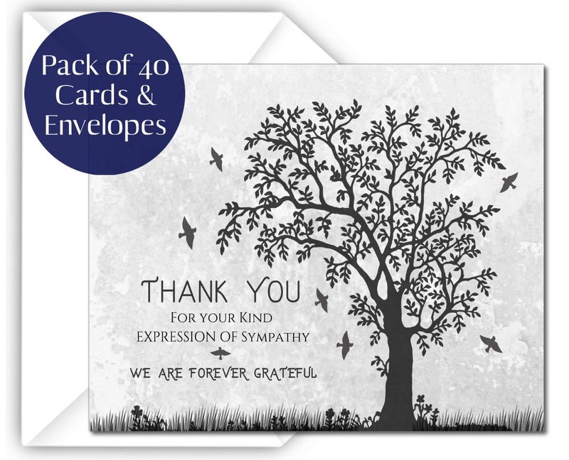 Elcer Funeral thank you cards with envelopes Celebration of life Floral Tree acknowledgment memorial Sympathy Christian Thank you notes (40 Pack) - Image 1